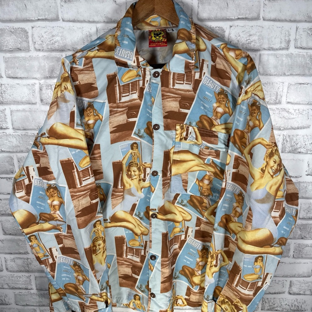 CLUCKY & Co Pin Up Girl Print Long Sleeve Shirt Mens L USA